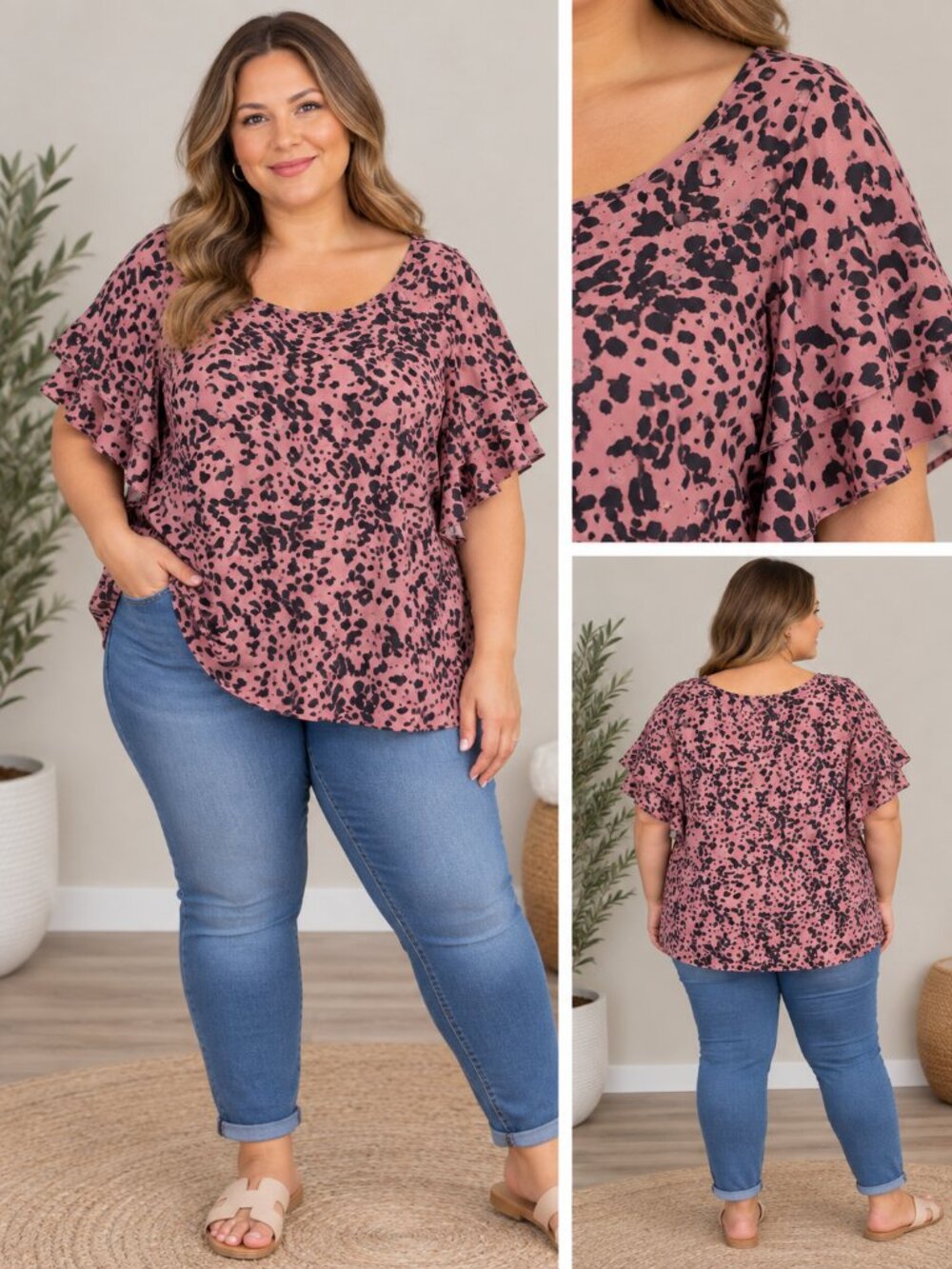 BloomChic Dusty Pink Leopard Print Ruffle Tiered-Sleeve Blouse size 18-20